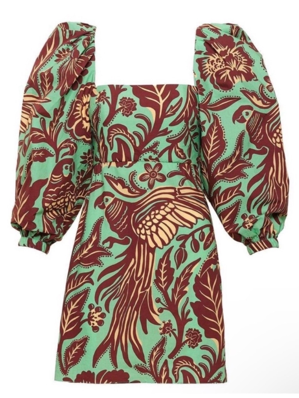 Johanna Ortiz  Golden Temple Mint, Maroon & Cream Puff-Sleeve Mini Dress